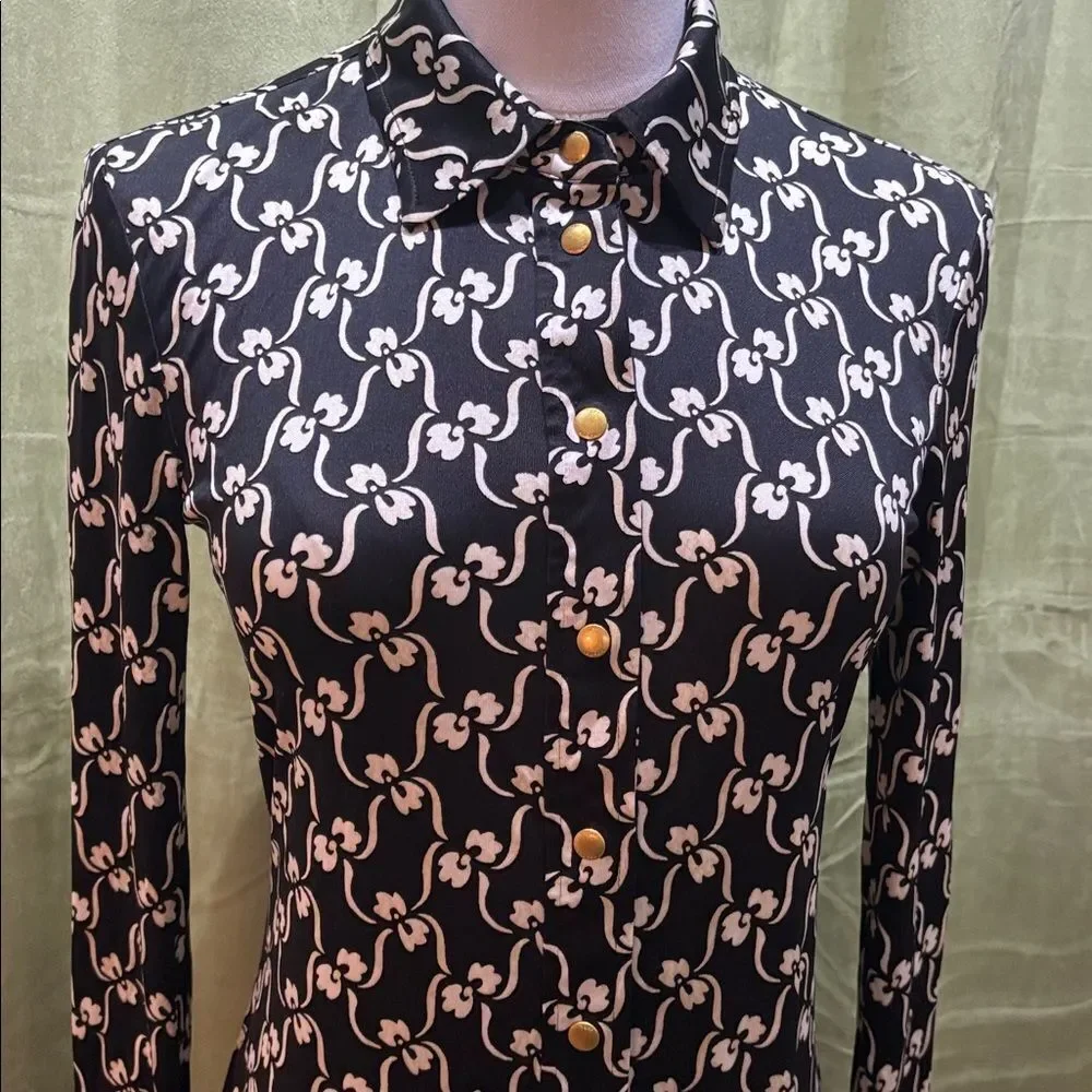 Tory Burch Black and White Long Sleeve Ilk polo midi Dress, XS